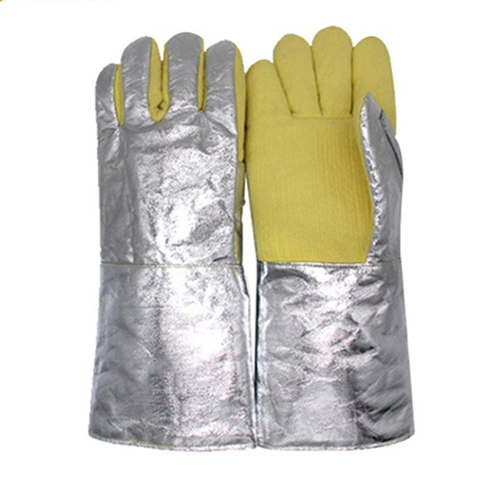 Hitzebeständige Handschuhe Aus Dicht Gewebtem Aramidgewebe, Isoliert Bis 500 Grad, Mit Rückseitiger Aluminiumfolienverschweißung Für Die Metallurgie Sowie Die Eisen- Und Stahlherstellung.