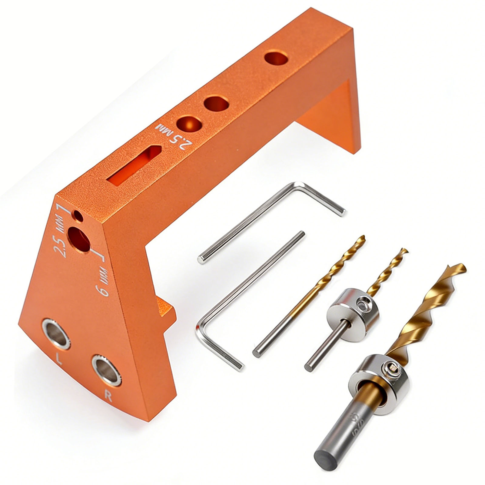 Das Set Mit Bohrschablonen Für Ausziehbare Unterbauschubladen Umfasst Einen 6 Mm Bis 2,5 Mm Aluminiumlegierungswinkel, Zentrierbohrer, Anschlaghülsen, Einen Sechskantschlüssel Und Zubehör Für Die Bohr