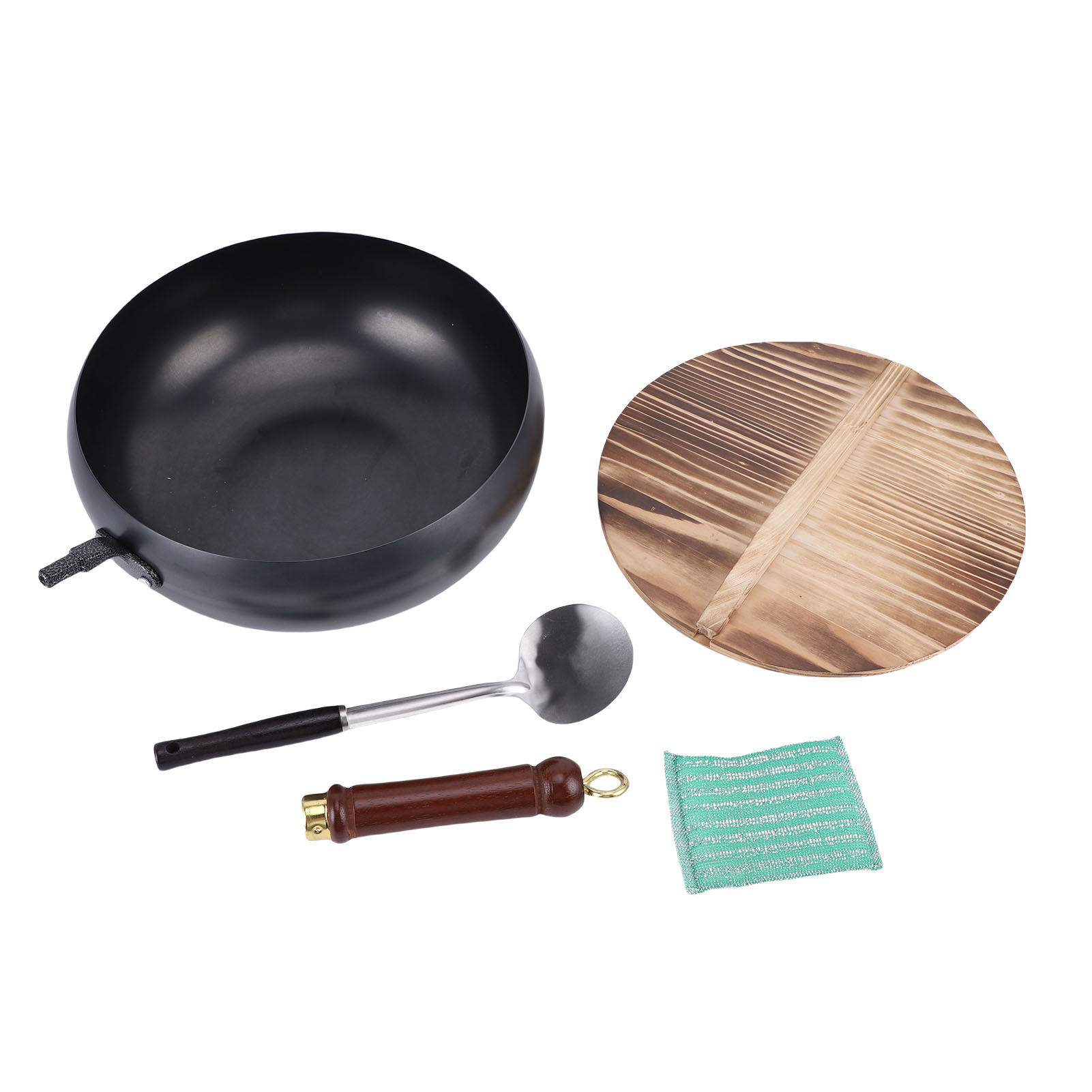 Glänzende, 28 Cm Große, Handgehämmerte, Antihaftbeschichtete Schmiedeeisen-bratpfanne Mit Holzgriff-pfannenwender Für Diätgerichte Für Eine Person / 11-zoll-holzdeckel.