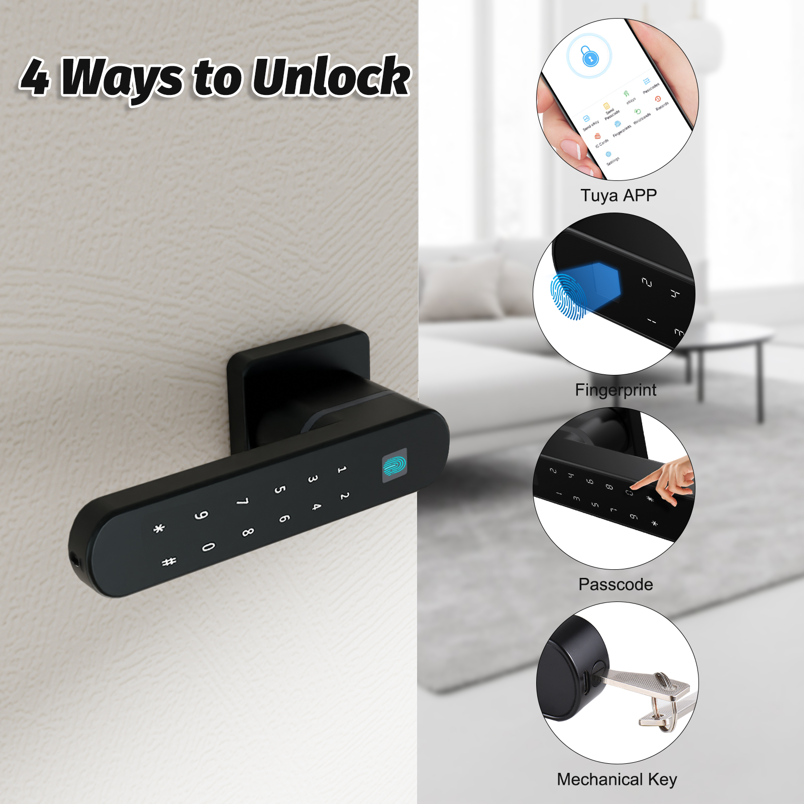Intelligentes Fingerabdruck-türschloss Mit 4-in-1-griff, Schlüssellosem Zugang, Tuya-app, Zugangscodes Und Elektronischem Knopf Für Schlafzimmer, Wohnung, Hotel.