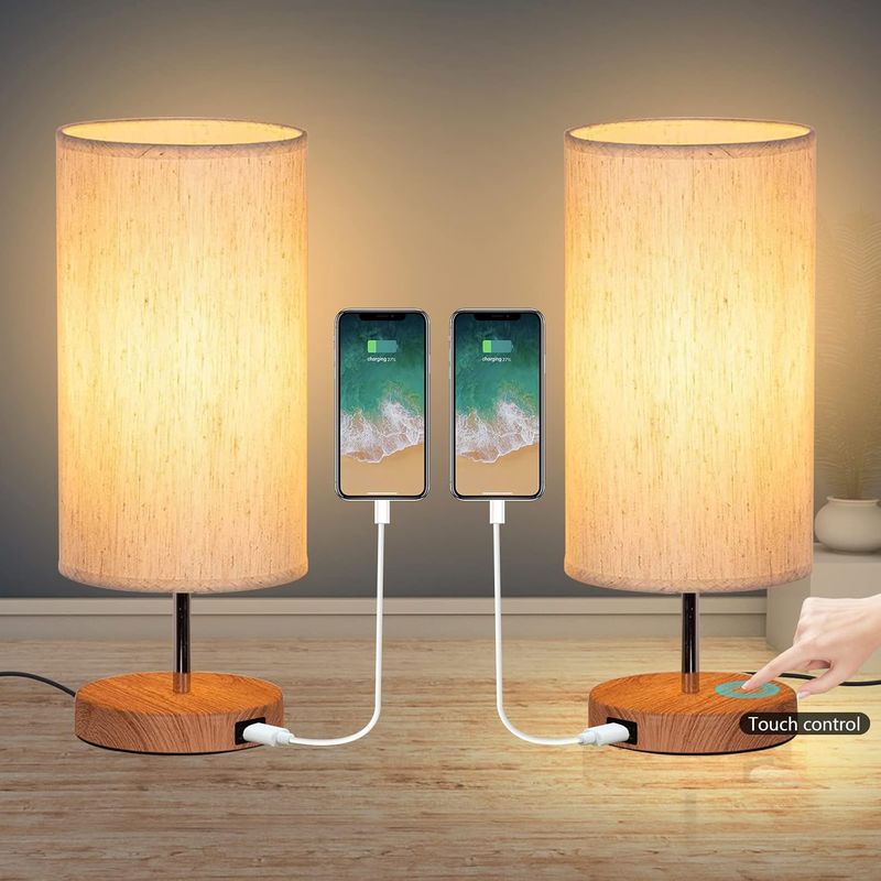 Set Mit 2 Berührungsempfindlichen Nachttischlampen – 3 Farbtemperaturen – Einstellbare Helligkeit – Integrierte Usb-anschlüsse – Lampenschirm Aus Stoff