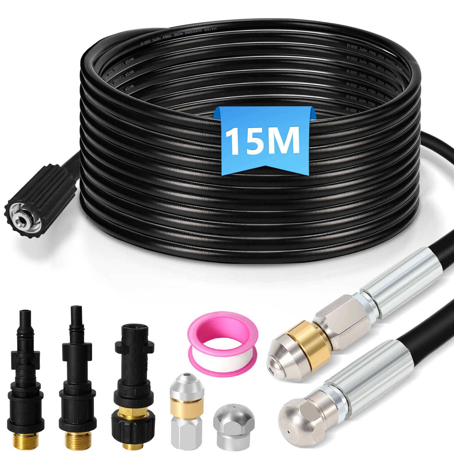 Randaco Rohrreinigungsschlauch Set Abflussreiniger 15 M 160 Bar, Hochdruckreiniger Zubehör Mit 2 Düsen & 2 Adaptern, Rotierende Düse, Für Abflussrohre