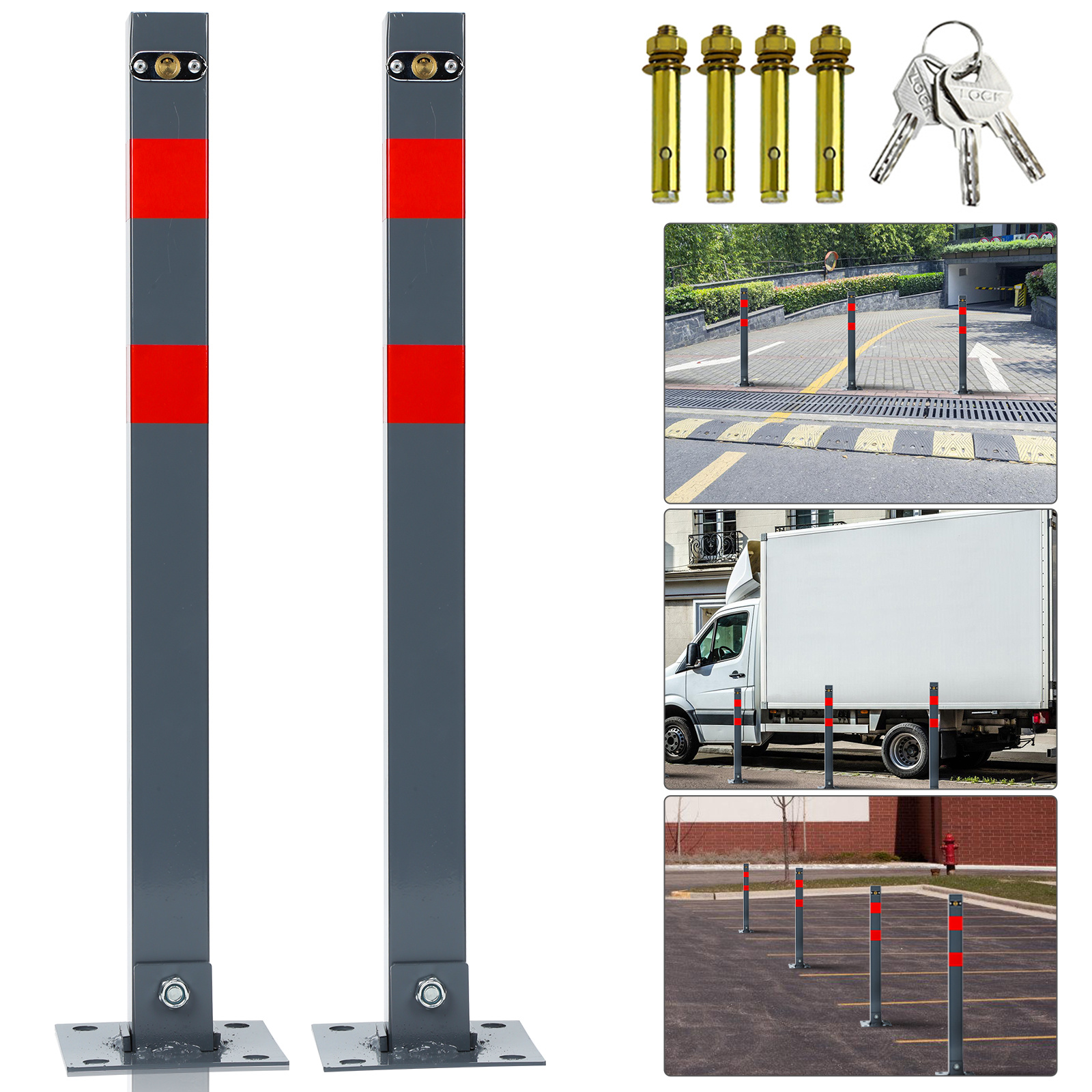 Randaco Absperrpfosten Parkplatz 67 Cm, Abschließbarer Parkplatzpfosten Mit Reflexstreifen 2 Stück