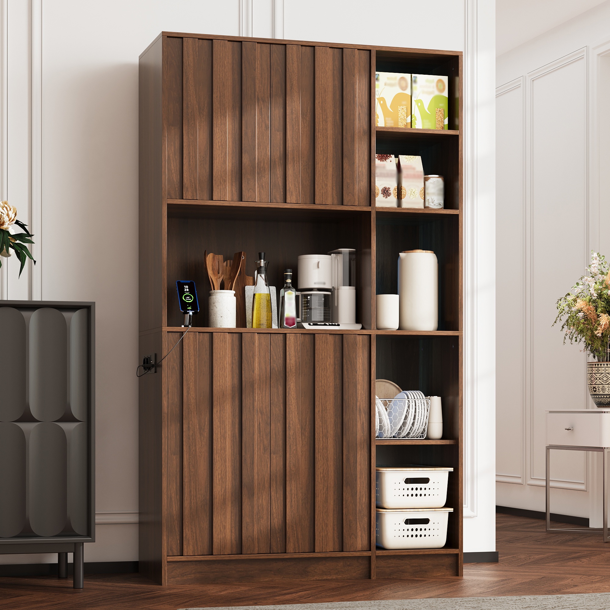 Küchenschrank Hoher Stauraumschrank Mit Led Und Steckdosen - 180 X 105 X 40 Cm - Küchenregal Vitrinenschrank Für Wohnzimmer Und Esszimmer Aus Mdf - Walnuss