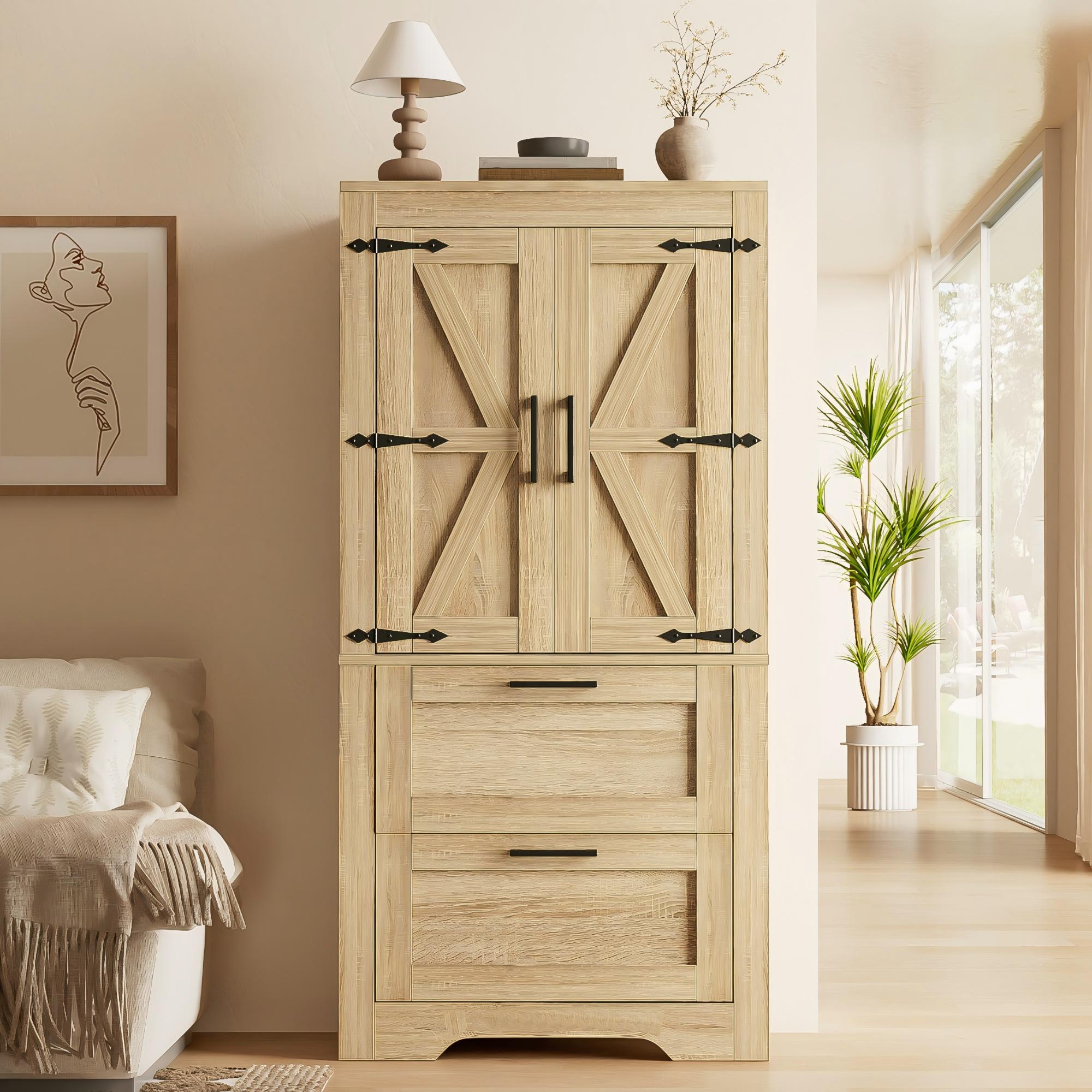 Küchenschrank Im Landhausstil 60x30x128cm Mit 2 Schubladen Und Verstellbaren Einlegeböden Beistellschrank Im Scheunentür-design Mdf Naturholzfarbe