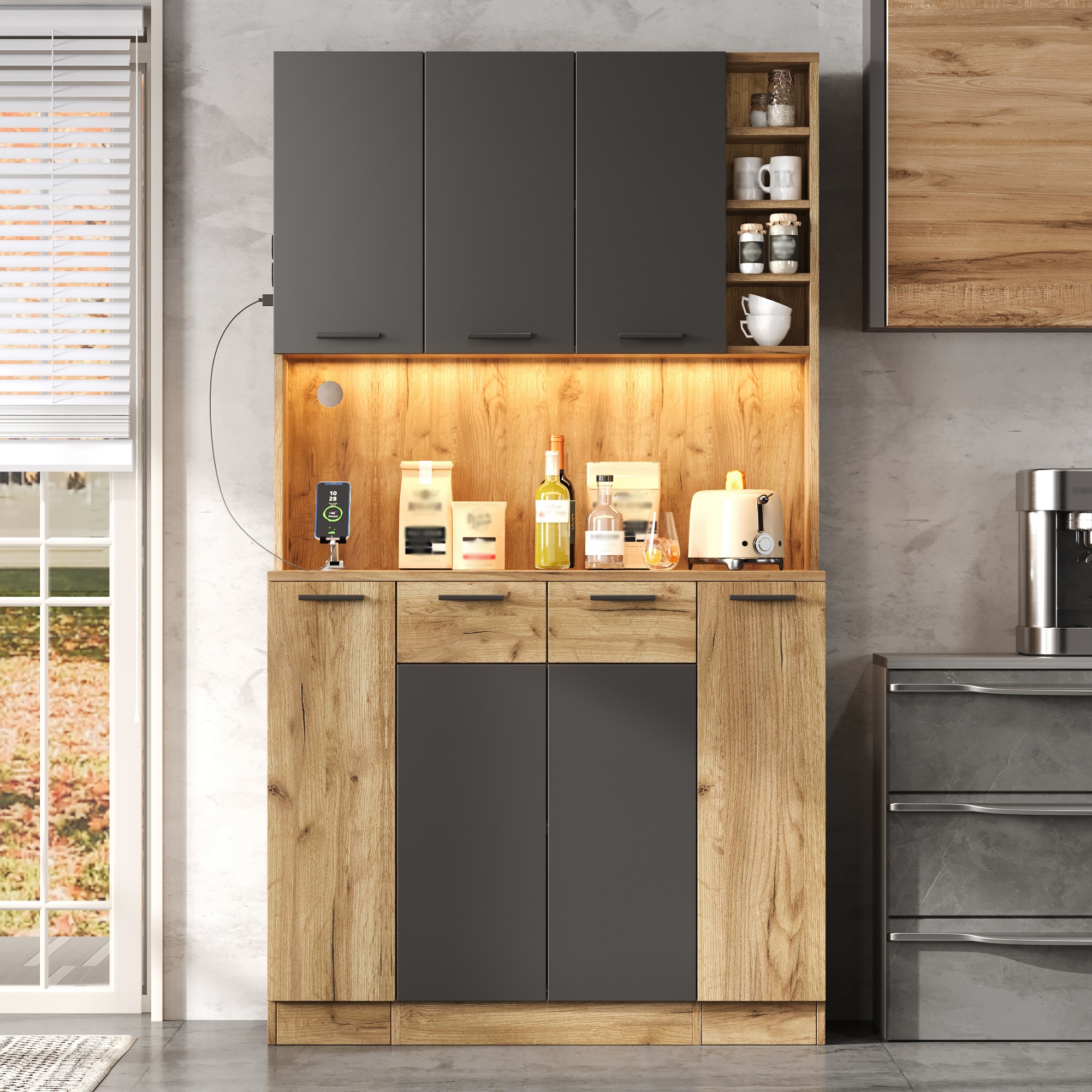 Küchenschrank Hochschrank Mit Led Und Steckdose 180x100x40 Cm Küchenregal Mit Auszieh-gewürzregal Und Weinregal Vitrine Aus Mdf Im Industrie-stil Schwarz Und Natur