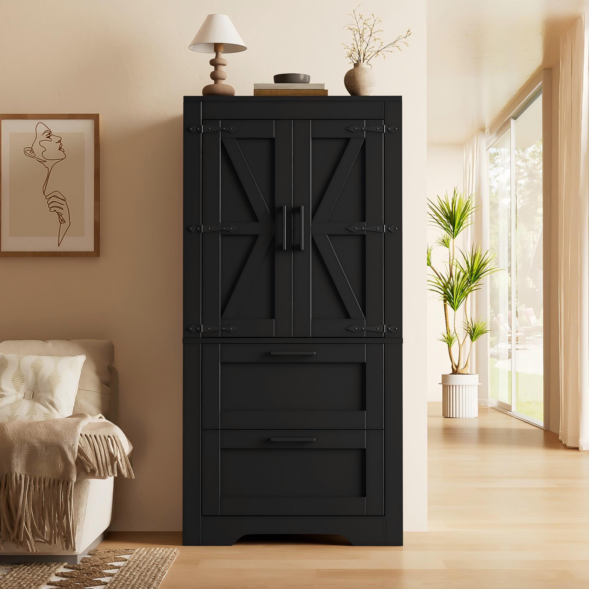 Küchenschrank Hochschrank 60x30x128 Cm Mit 2 Scheunentüren Und 2 Schubladen Verstellbare Böden - Landhausstil Rustikales Aufbewahrungsmöbel Aus Mdf Für Wohnzimmer - Schwarz