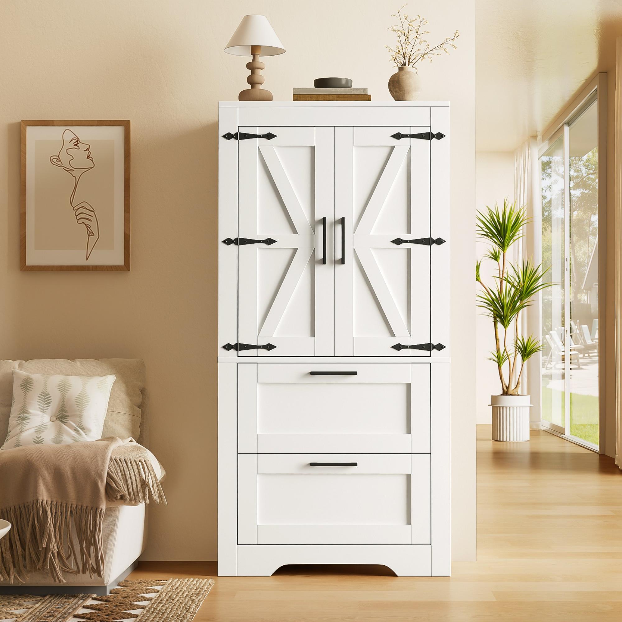 Küchenschrank Im Landhausstil - 60x30x128cm - Hochschrank Für Esszimmer Und Wohnzimmer Mit 2 Schubladen Und Verstellbaren Einlegeböden Aus Mdf - Weiß