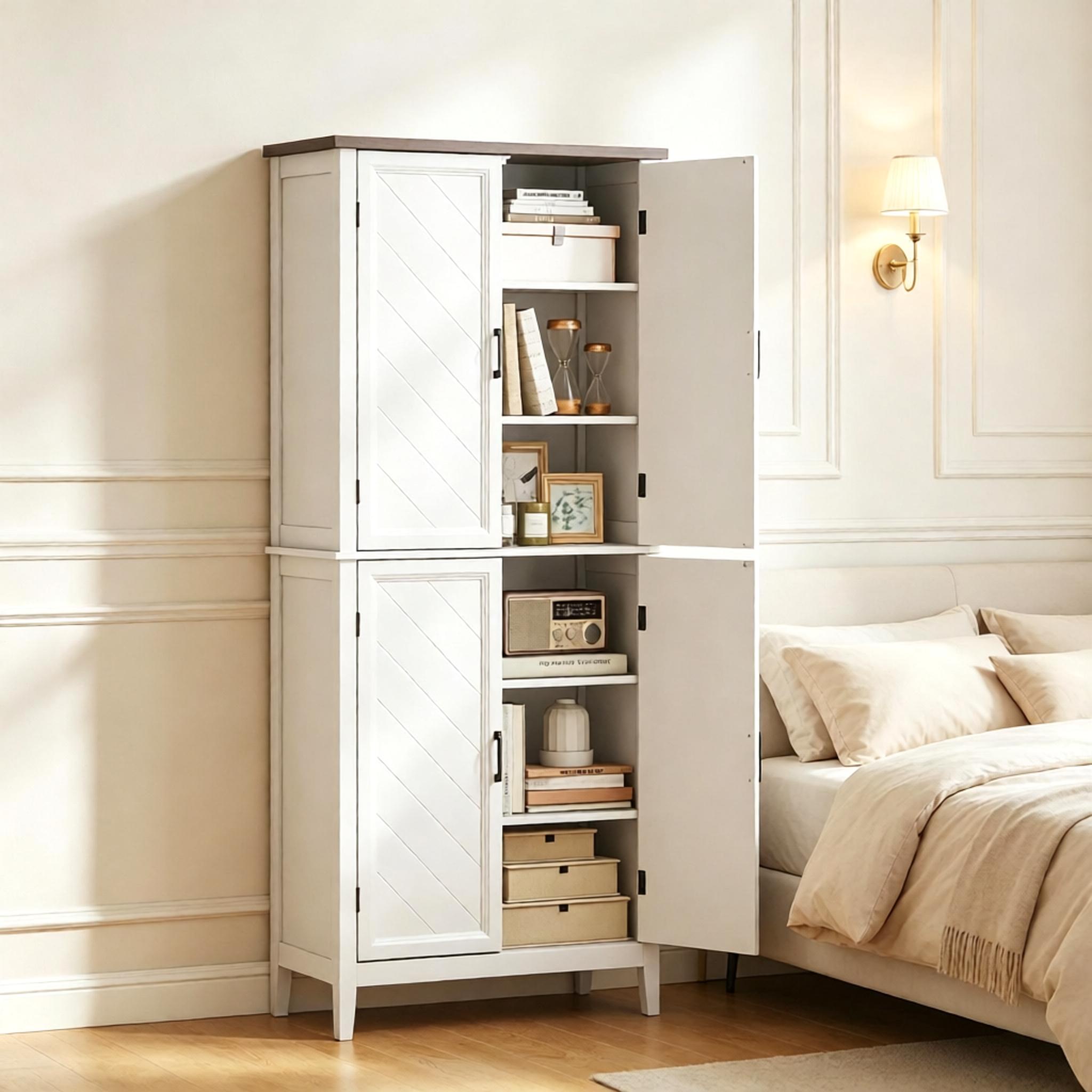 Küchenschrank Buffet Hochschrank 76 X 40 X 178,5 Cm Für Esszimmer 4 Glastüren Und Verstellbare Regale Mdf Landhausstil - Weiß Und Braun