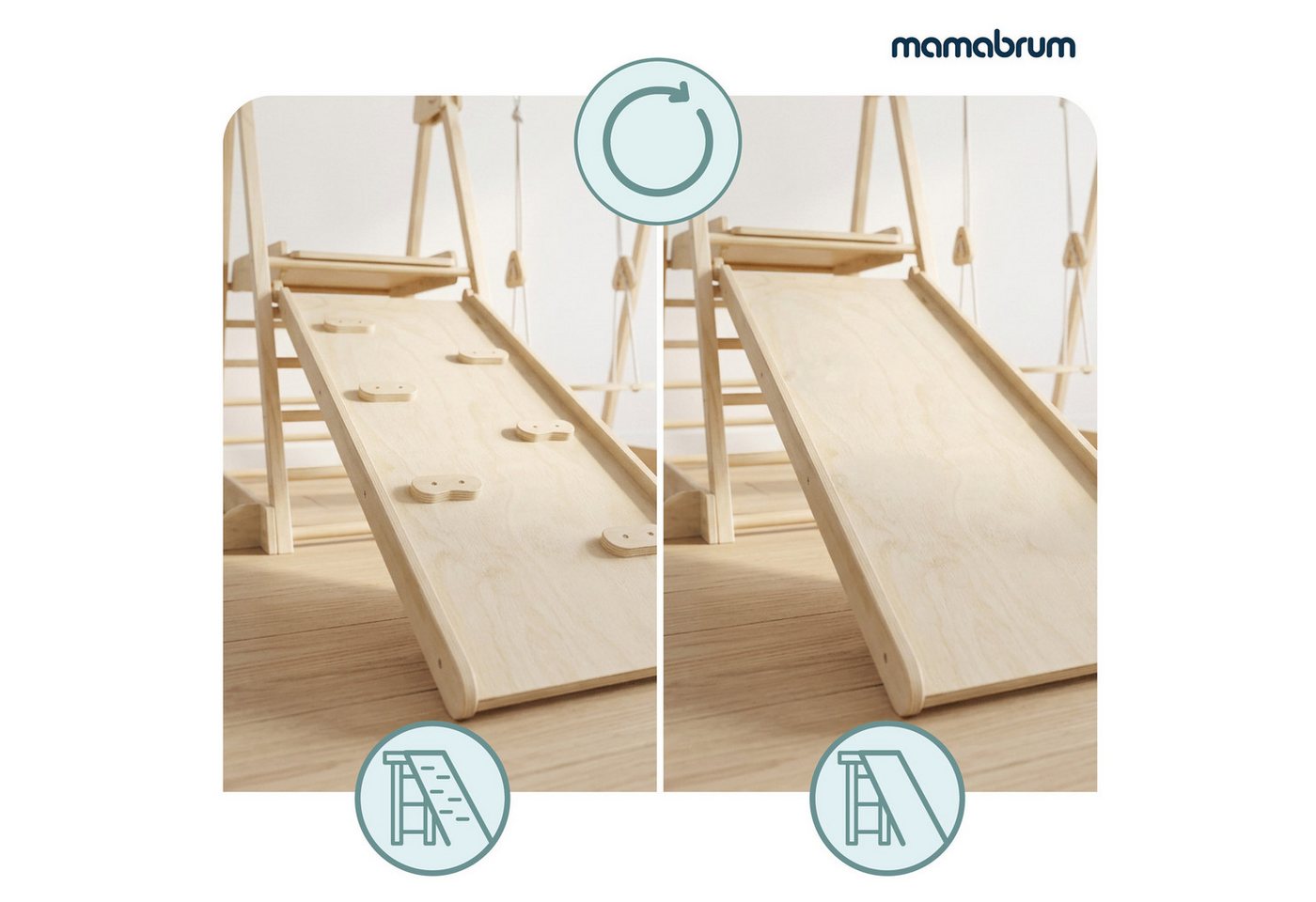 Innen-spielplatz Aus Holz 3 In 1 - Mamabrum - 3-in-1 - Wendbarer Rutschturm - Kletterwand - Integrierte Schaukel Bild 2