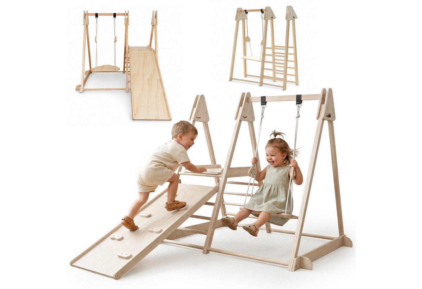 Innen-spielplatz Aus Holz 3 In 1 - Mamabrum - 3-in-1 - Wendbarer Rutschturm - Kletterwand - Integrierte Schaukel Bild 3