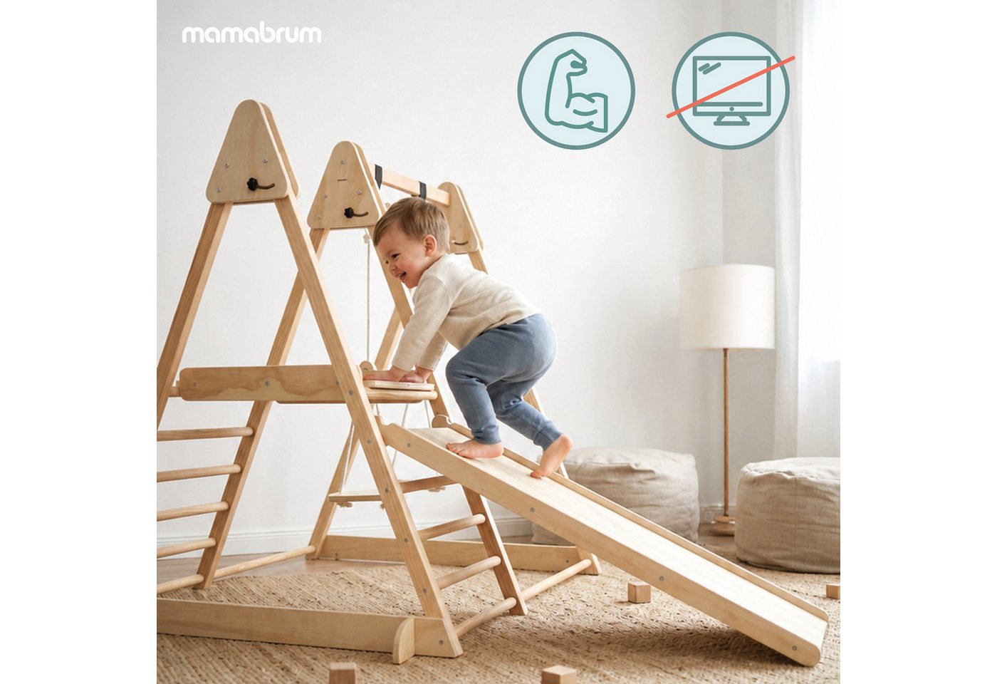 Innen-spielplatz Aus Holz 3 In 1 - Mamabrum - 3-in-1 - Wendbarer Rutschturm - Kletterwand - Integrierte Schaukel Bild 4