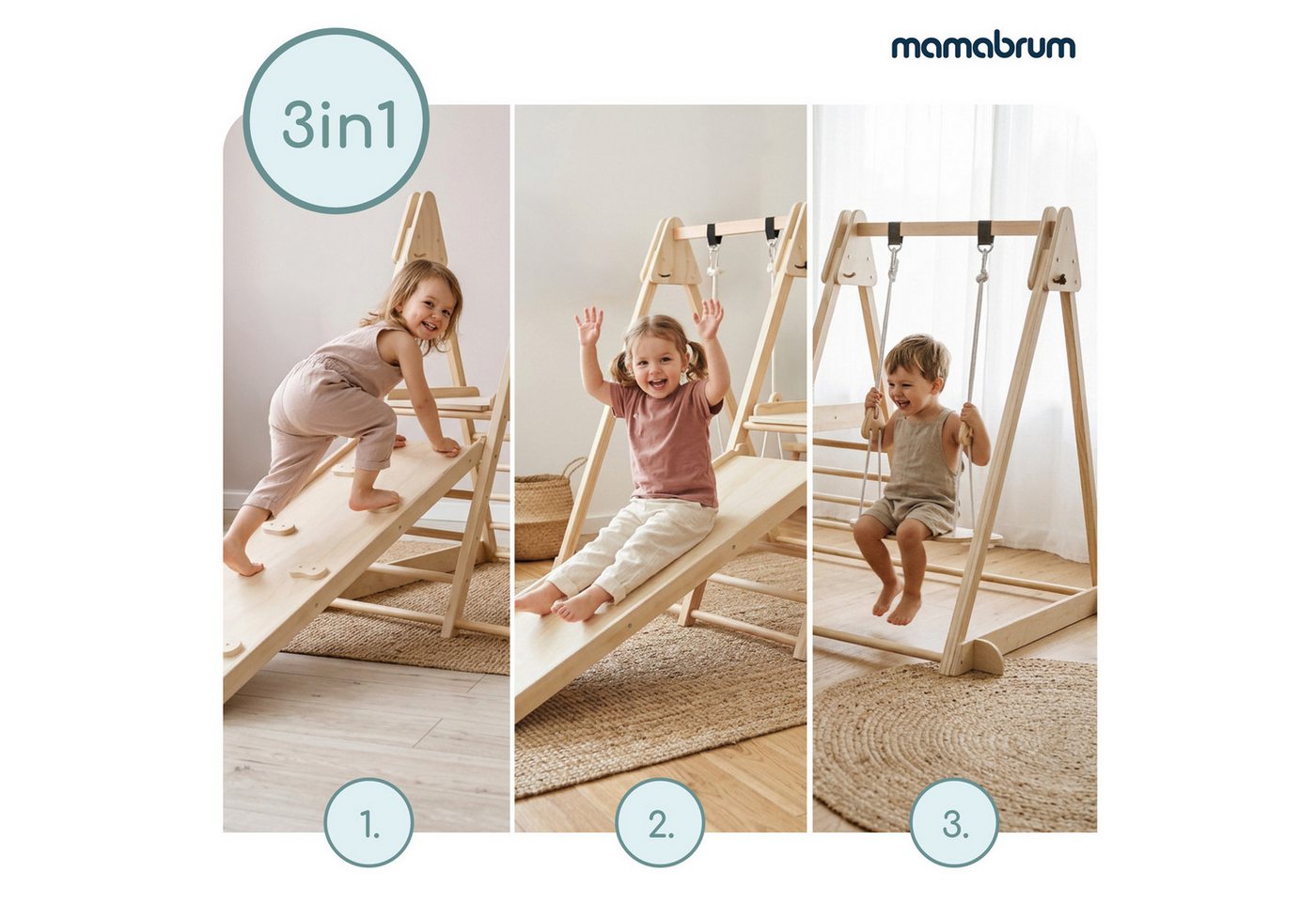 Innen-spielplatz Aus Holz 3 In 1 - Mamabrum - 3-in-1 - Wendbarer Rutschturm - Kletterwand - Integrierte Schaukel Bild 5