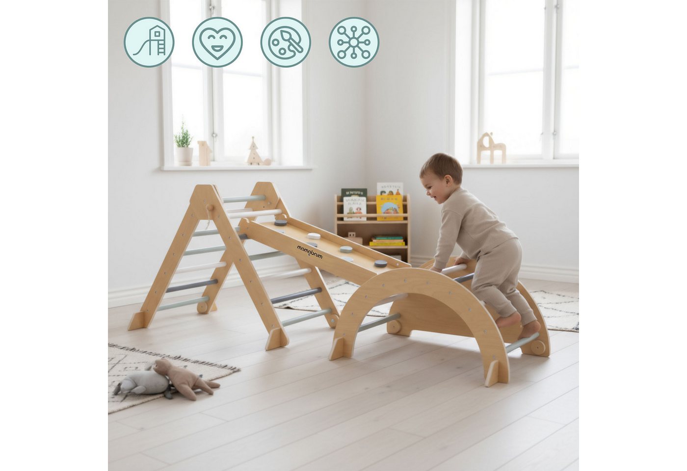 Montessori Spielplatz Aus Holz - Mamabrum - Faltbares Pikler-dreieck - Multifunktionale Kletterbogen Bild 3