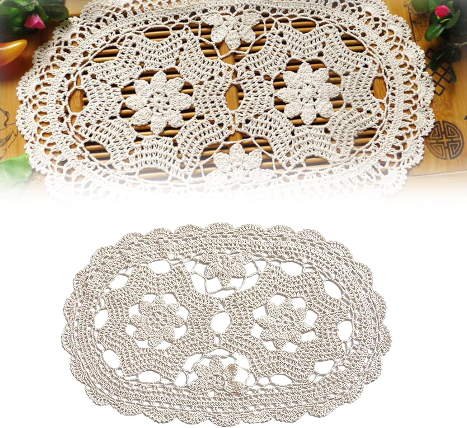 Chemin De Table Crocheté À La Main Avec Dentelle, Set De Table Ovale En Coton, Nappe En Dentelle Vintage, Nappe En Filet Crocheté Pour Cuisine Et Salle À Manger (beige (30 X 60 Cm))