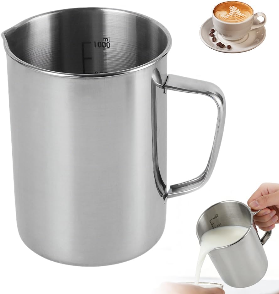 Verre Doseur En Acier Inoxydable, 1 Litre, Pichet À Lait Avec Anse Et Graduations, 1000 Ml, Verre Doseur Avec Couvercle Anti-gouttes, Robuste Pour La Cuisine, Le Bar Ou Le Salon De Thé.