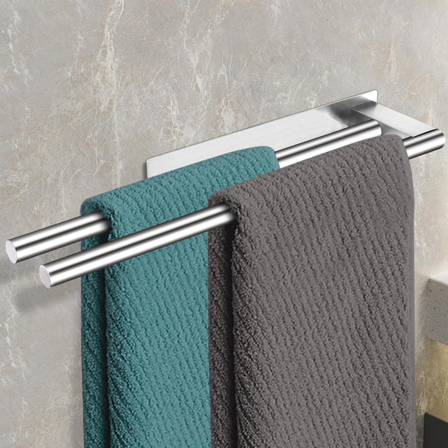 Porte-serviettes Sans Perçage, Porte-serviettes À Deux Bras En Acier Inoxydable 304, Auto-adhésif, Porte-serviettes Mural Pour Invités, Salle De Bain Et Cuisine, 39 Cm (argent)