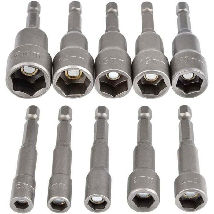 10-teiliger Magnetischer Sechskant-steckschlüsselsatz (6–15 Mm) Mit 1/4-zoll-schlagschrauberadapter