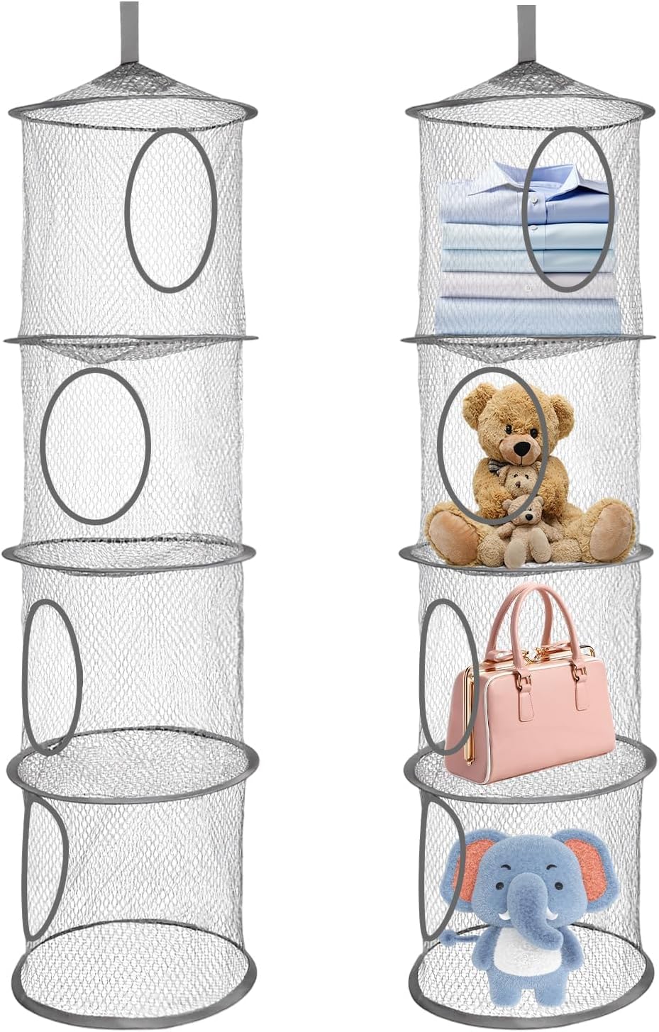 Rangement Suspendu, Lot De 2 Rangements Suspendus Pliables, Étagère Suspendue Avec 4 Compartiments En Filet Pour Jouets, Panier Suspendu Pour Peluches