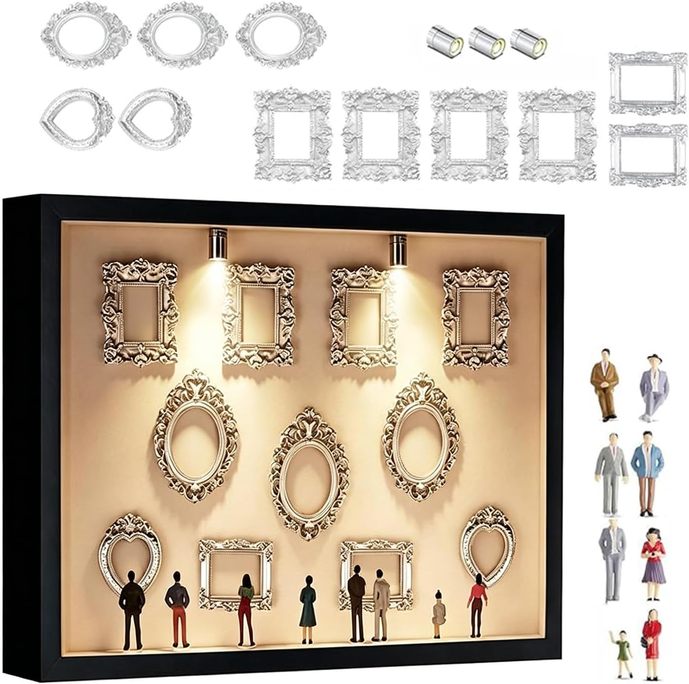 Cadre Photo Miniature À Monter Soi-même Avec Éclairage Led, Boîte Silhouette Avec 8 Mini-figurines Et 11 Cadres Argentés, Rangement Photo Diy Pour Mariage, Anniversaire, Salon Et Décoration Intérieure
