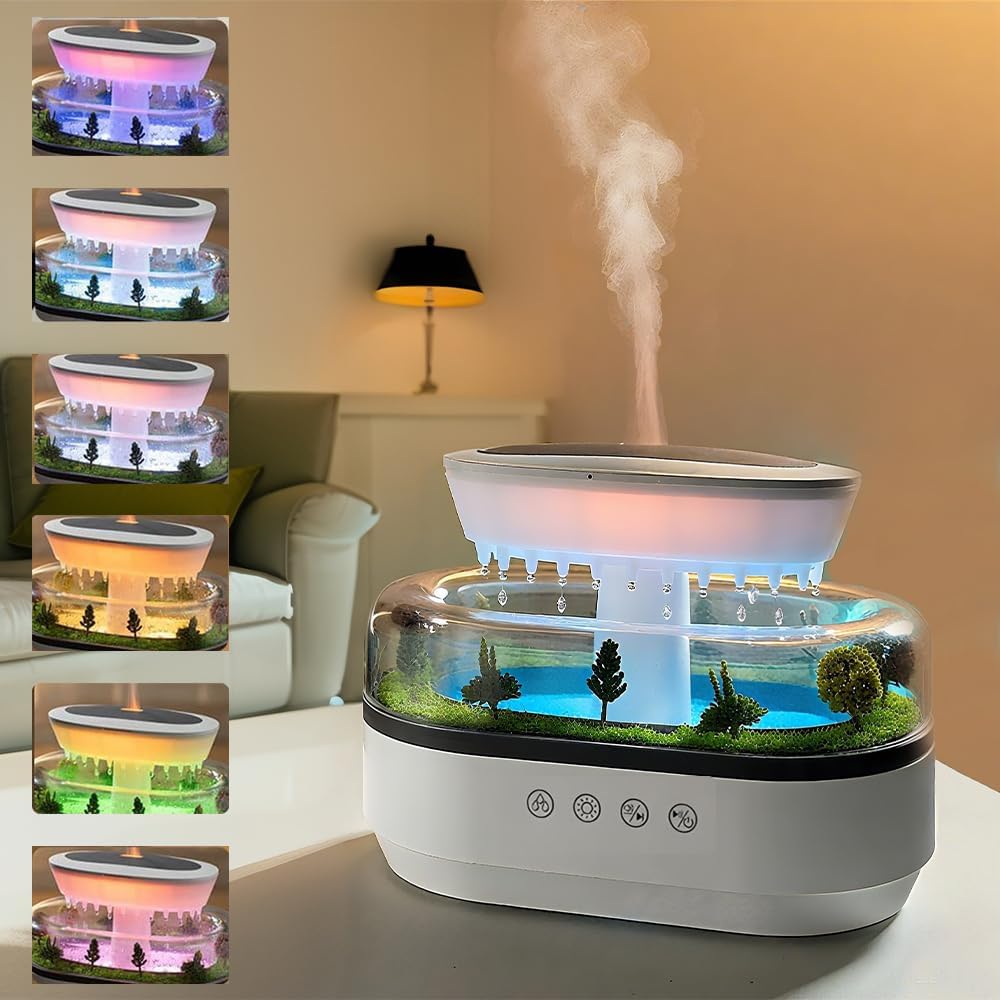 Diffuseur Humidificateur Effet Pluie, Diffuseur D'Huiles Essentielles 250 Ml Avec Veilleuse Led 7 Couleurs, Diffuseur D'Huiles Parfumées, Humidificateur Avec Lampe Champignon, Gouttes D'Eau, Diffuseur