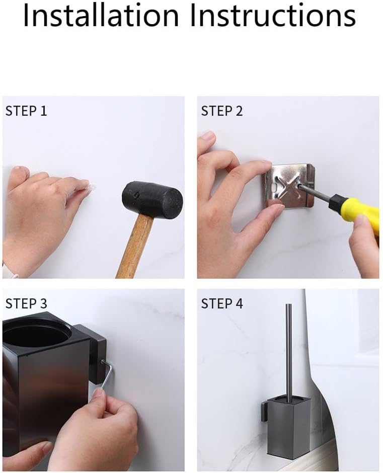 Brosse De Toilette En Acier Inoxydable Avec Support Mural, Manche Long, Ensemble De Brosses De Toilette Carrées, Nettoyant Salle De Bain Robuste Avec Brosse En Plastique Amovible (noir)