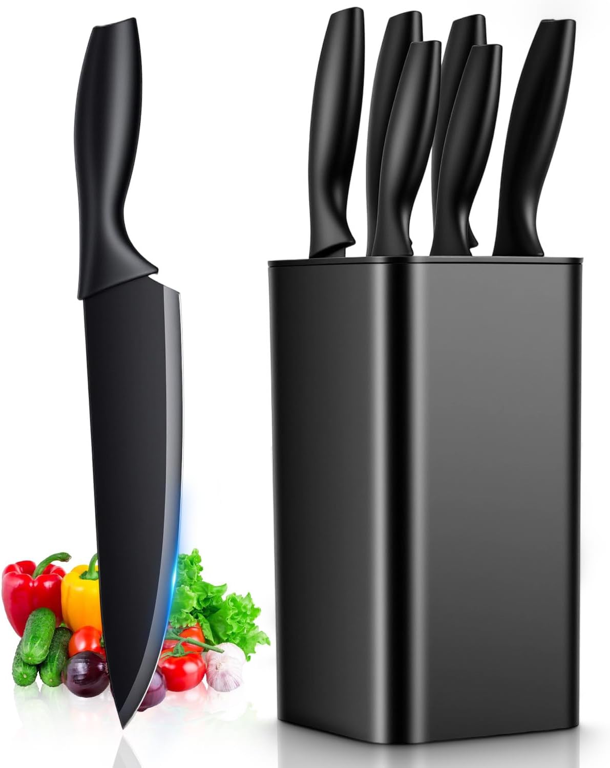 Ensemble De 6 Couteaux De Cuisine En Acier Inoxydable Avec Bloc À Couteaux, Couteau De Chef Tranchant Avec Revêtement Antiadhésif, Manches Ergonomiques Et Bloc À Couteaux Pour Une Utilisation En Cuisi