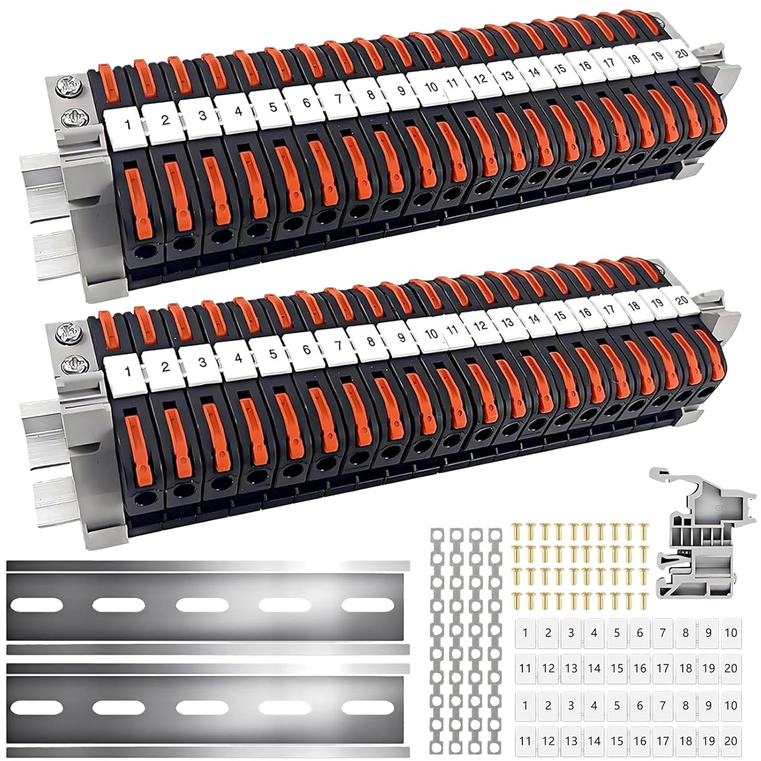 Lot De 40 Borniers Pour Rail Din, Jeu De Borniers Pour Rail Din Avec Bandes De Marquage Numérique, Blocs De Connexion Électrique À Montage Par Vis Pour Rails, 0,08–4 Mm² Pour Câbles Rigides (20 Cm X 2