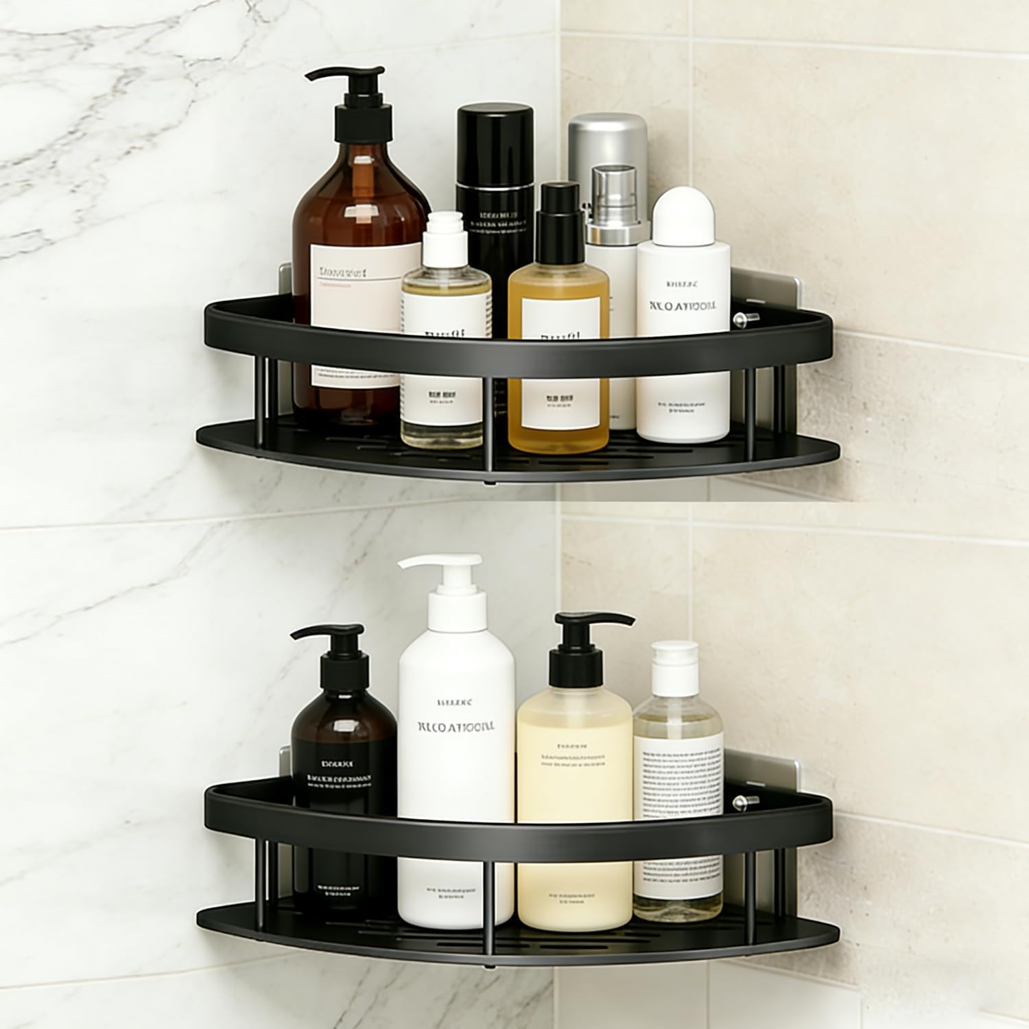 Lot De 2 Étagères De Douche D'Angle Sans Perçage, En Acier Au Carbone, Charge Maximale 10 Kg, Auto-adhésives, À Fixer Au Mur Pour Cabine De Douche, Salle De Bain Ou Cuisine.