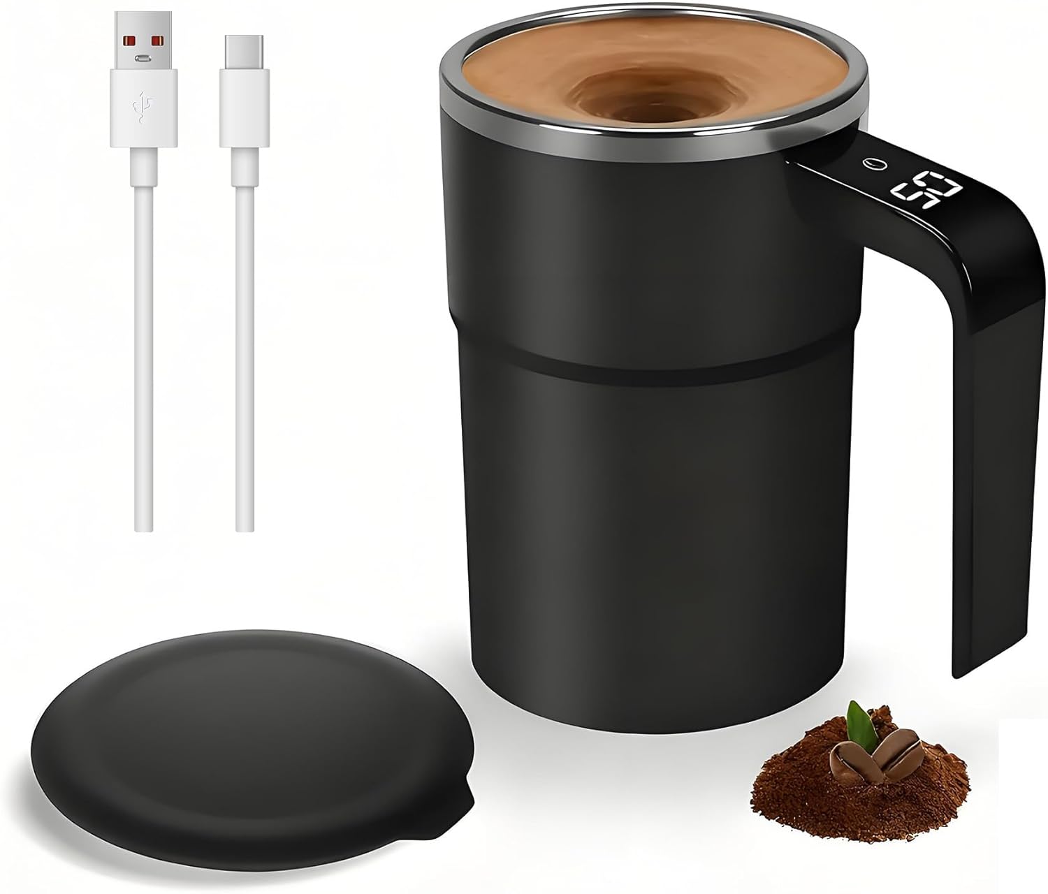 Mug Électrique Magnétique Automatique Avec Fonction De Mélange Automatique, 380 Ml, Affichage De La Température, Mug Isotherme En Acier Inoxydable Pour Café, Chocolat Chaud, Thé, Jus, Lait (noir)