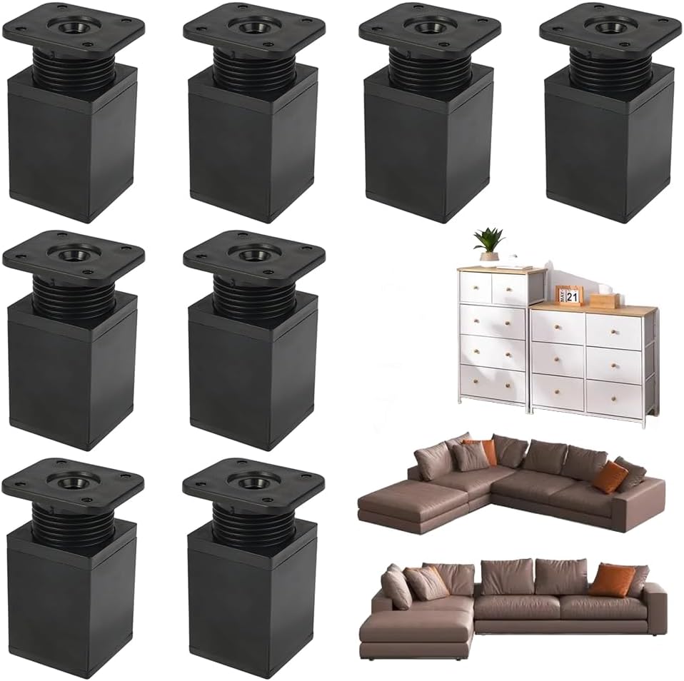 Lot De 8 Pieds De Meuble Réglables En Hauteur, Noirs, 6 Cm De Haut, Carrés, En Alliage D'Aluminium, Vis Incluses, Charge Maximale De 30 Kg, Pour Canapé, Bureau, Tv, Table, Lit, Armoire