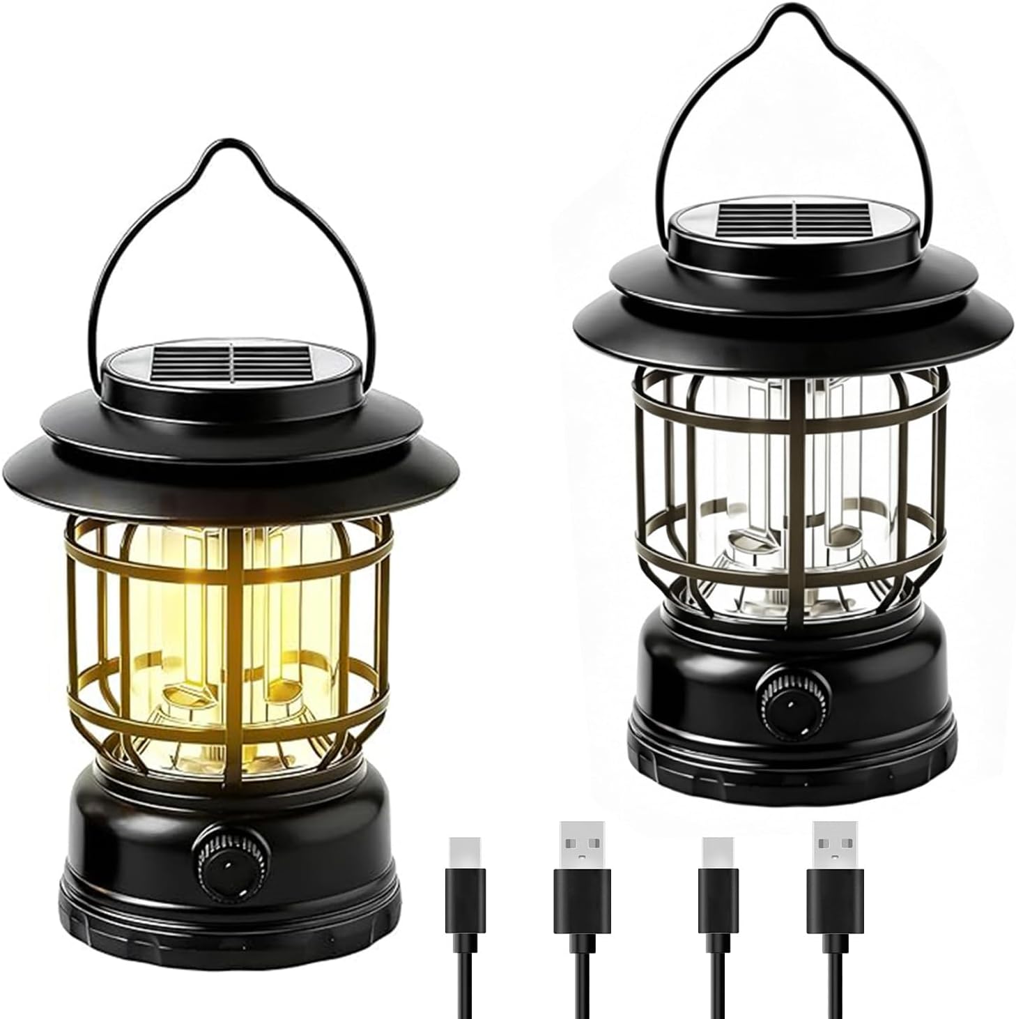 Lampe De Camping Led, Rechargeable Solairement Et Par Usb, Lanterne De Camping Rétro À Intensité Variable, Lampe De Tente Portable, Lampe Suspendue Étanche Ipx4 Pour Le Camping, La Randonnée Et Le Jar