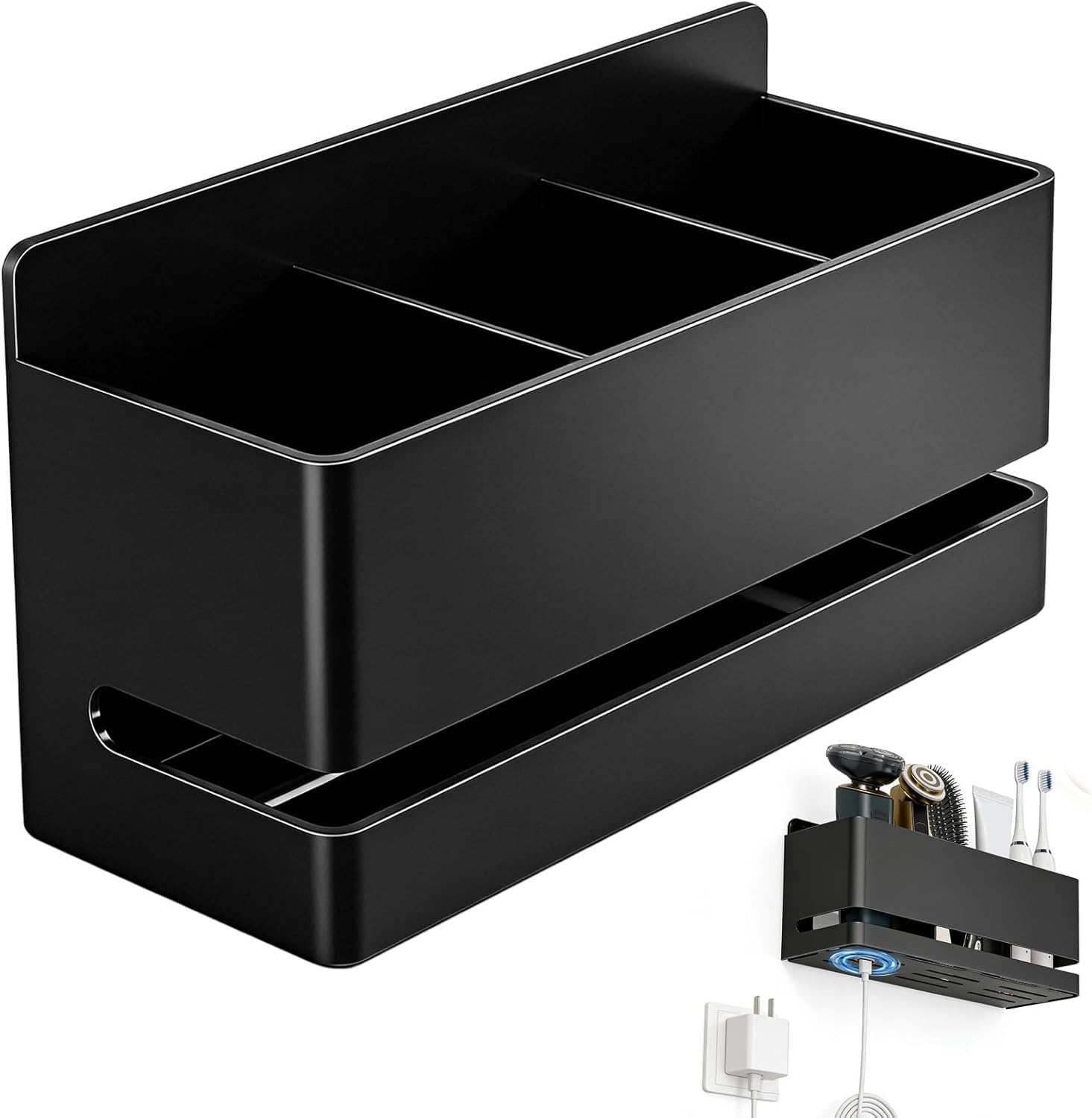 Support Mural Pour Brosse À Dents Électrique En Aluminium, 16,5 X 6,7 X 9,8 Cm (l X L X H), 3 Emplacements, Sans Perçage, Pour Salle De Bain (noir)