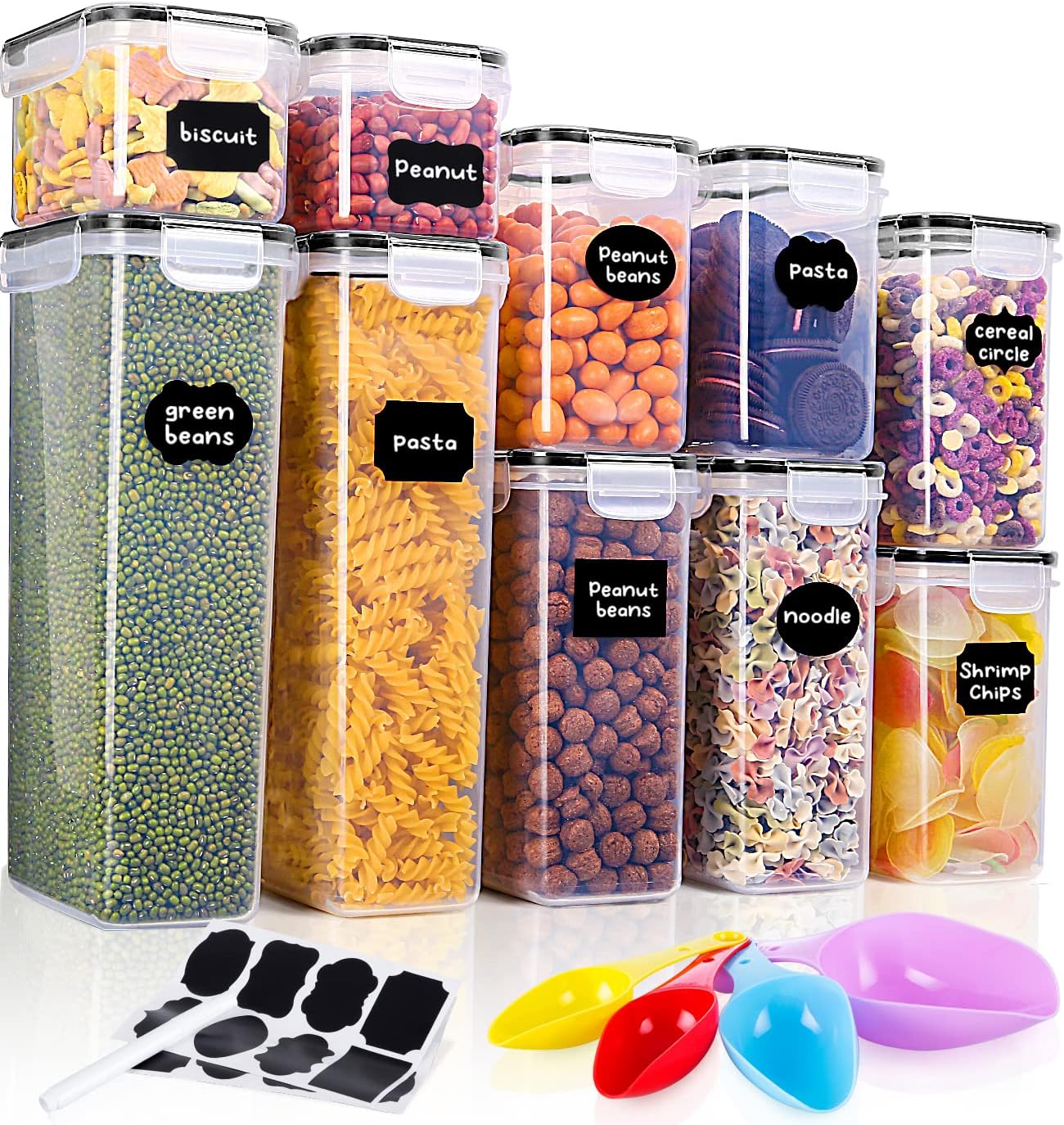 Ensemble De 10 Boîtes De Conservation Pour Muesli (2 X 0,8 L + 2 X 1,4 L + 2 X 1,6 L + 2 X 2 L + 2 X 2,8 L), Boîtes Hermétiques En Plastique Avec Couvercles Et Étiquettes, Cuillère Doseuse