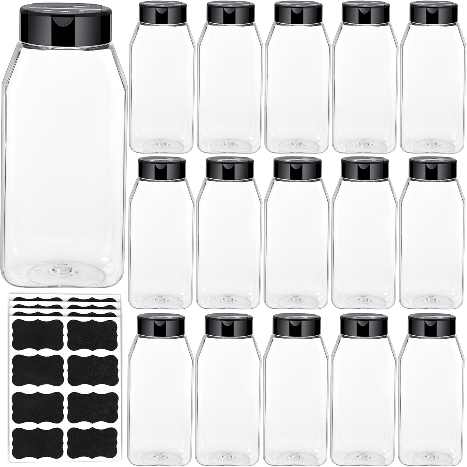 Lot De 16 Pots À Épices Réutilisables En Plastique (473 Ml) Avec Couvercles, Récipients À Épices Transparents, Pots De Rangement Carrés Pour Épices Et Poudres