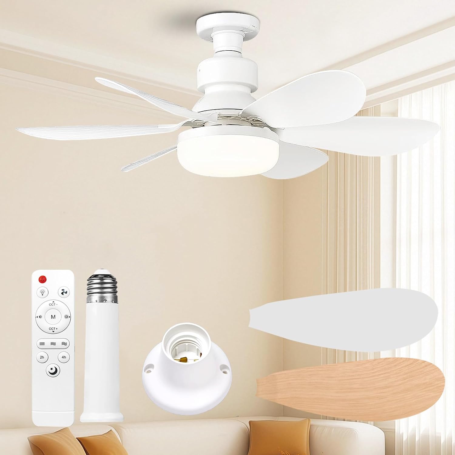 Deckenventilator Mit Licht Und Fernbedienung, 52 Cm, 30 W, Mit E27-fassung, Kleines Modell Für Schlafzimmer, Küche Und Badezimmer (weiß)