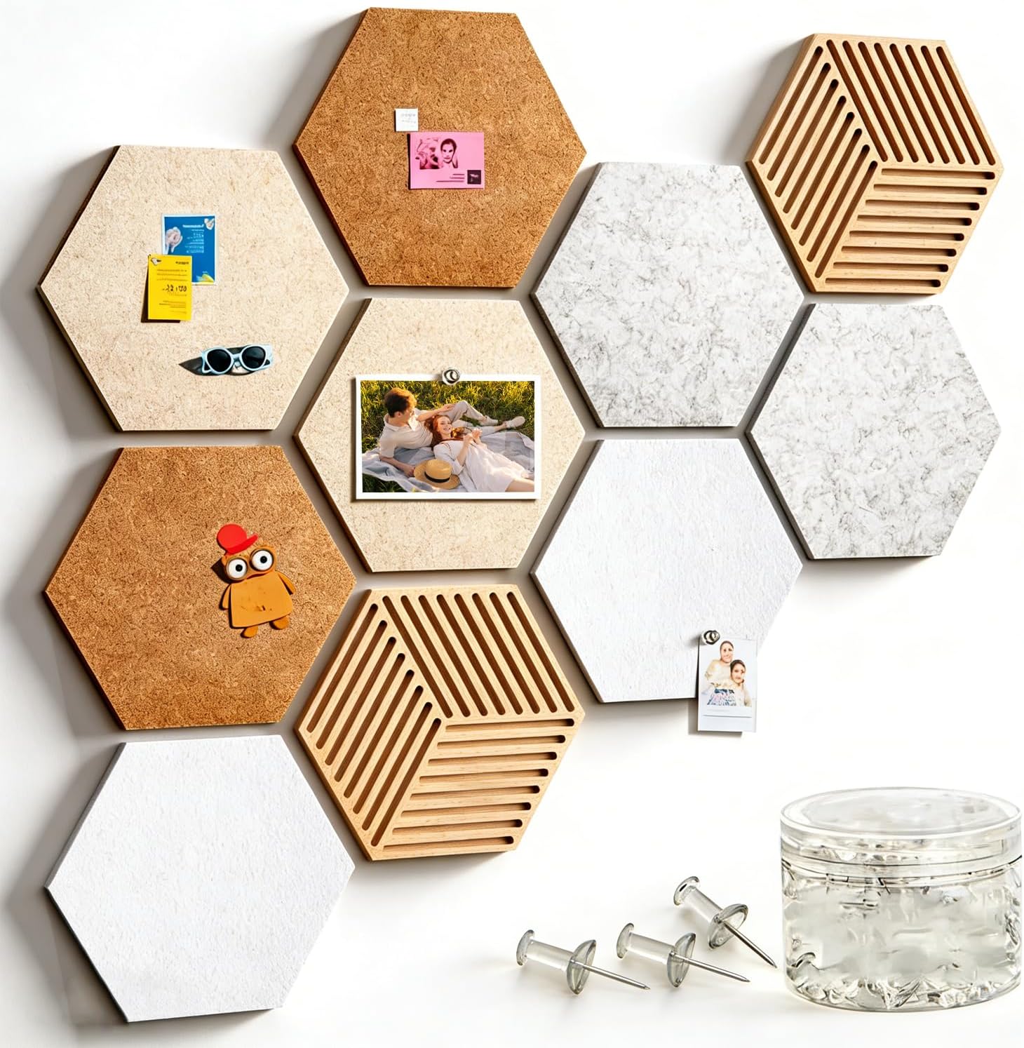 Lot De 10 Tableaux D'Affichage Hexagonaux En Feutre, 30 X 25 Cm, Autocollants, Comprenant 50 Punaises Autocollantes, En Liège, Pour Le Bureau, La Maison Et L'École.