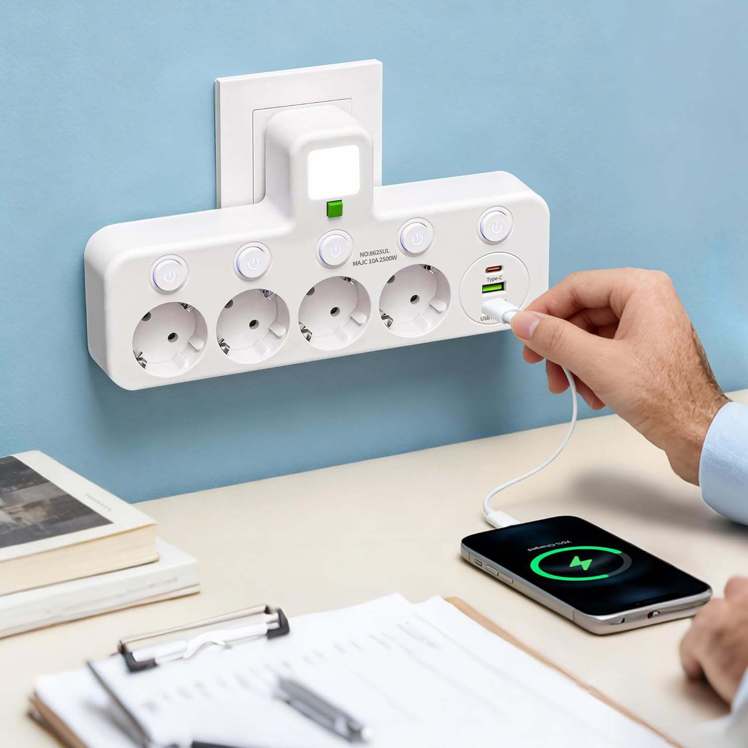 5-fach Steckdosenleiste Mit 4 Eu-steckdosen, 2 Usb-anschlüssen, 1 Usb-c-anschluss, Einzelschaltern (4p + Usb Weiß)