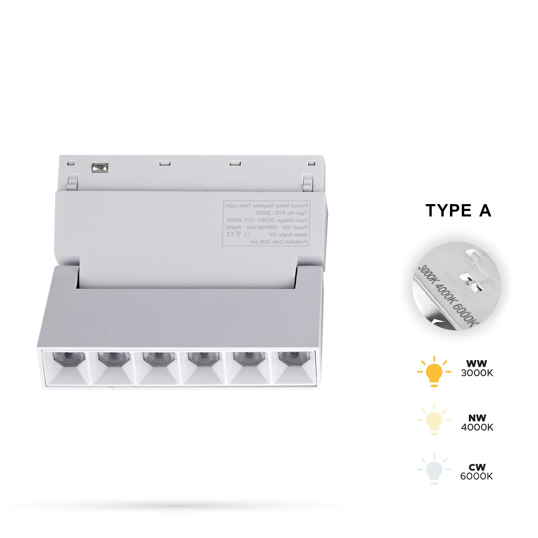 Weißer Led-linearstrahler, Verstellbar, 6 W, 3 Cct, Typ A, Für Magnetschienen Smart Track 48 Vdc