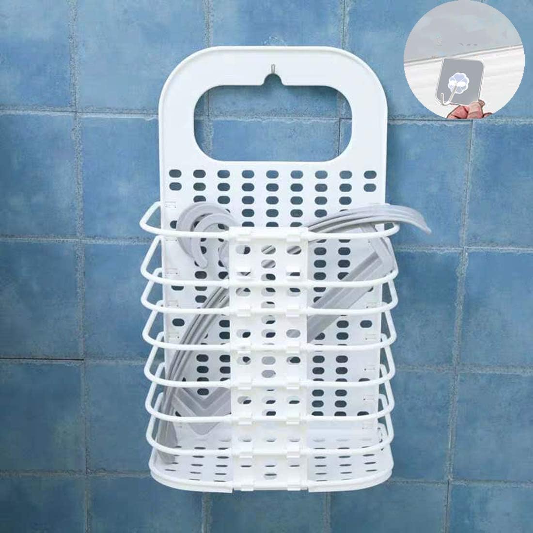 Panier À Linge Mural Pliable, Sans Trou De Suspension, Pouvant Également Servir De Panier De Rangement Pour Jouets Dans La Salle De Bain, Blanc