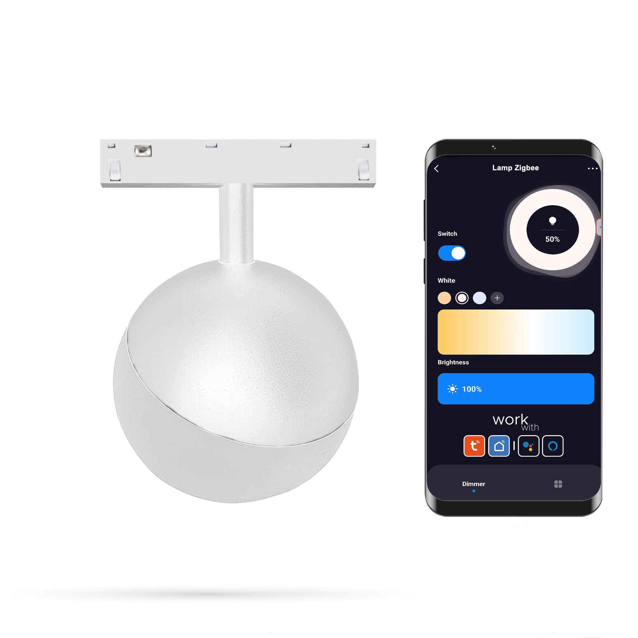 Led-spotlight Mit Wlan Und Zigbee-funktion, Kugelförmig, Weiß, 6 W, Für Magnetschienen, Smart Track, 48 V Dc, 3000–5000 K, Dimmbar