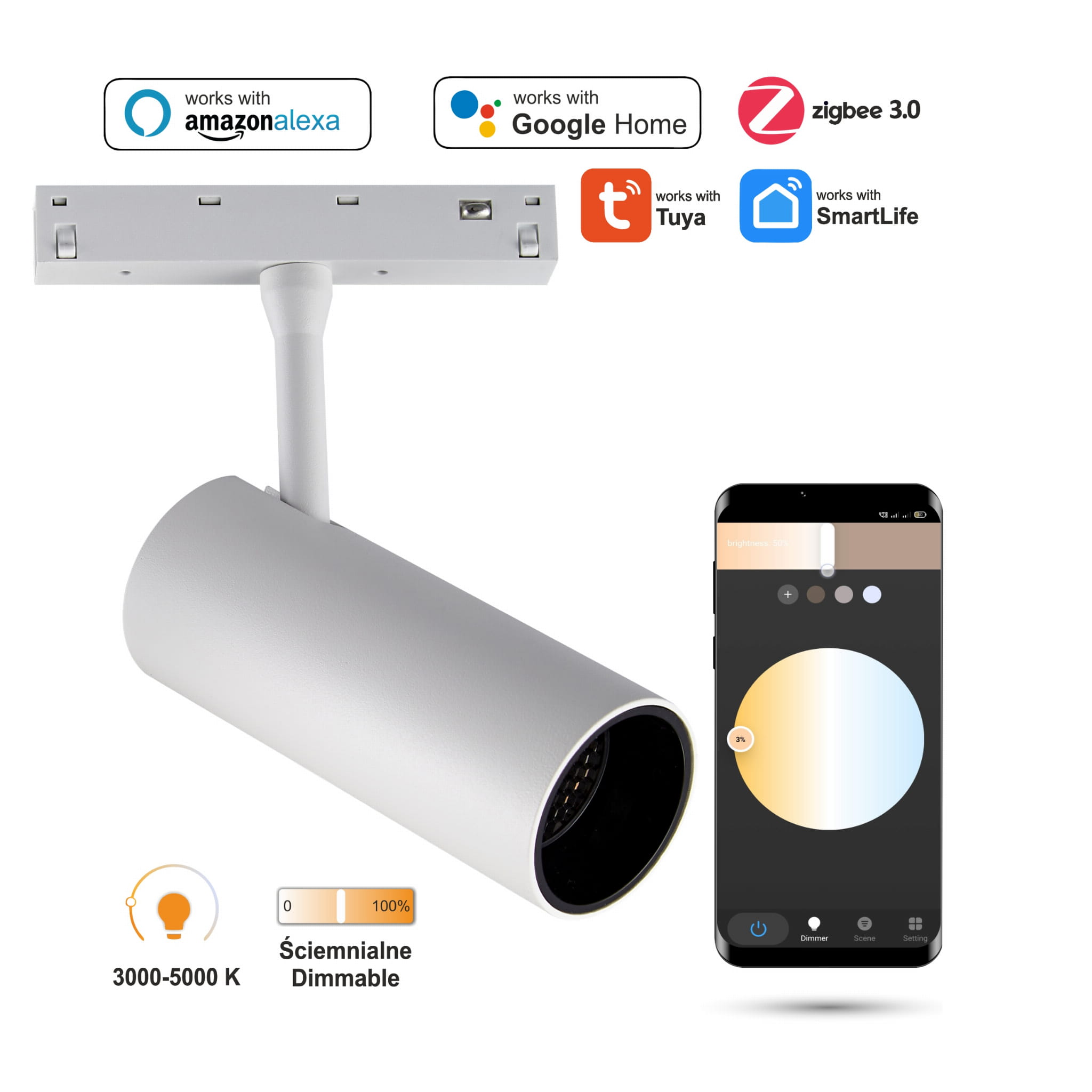 Weißer Led-wlan-zigbee-schienenstrahler 30 W Für Magnetschienen Smart Track 48 Vdc 3000–5000 K Dimmbar