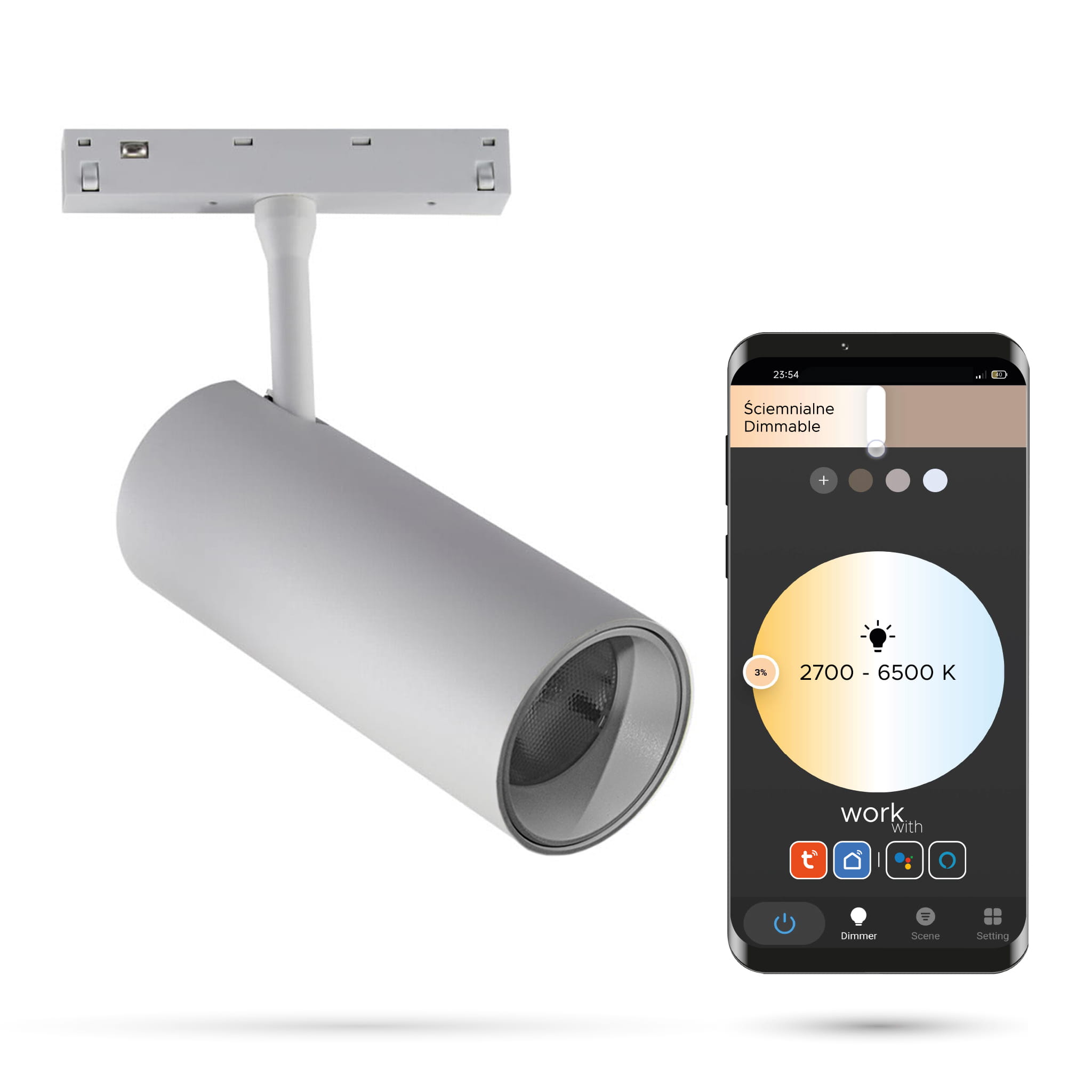 Weißer Led-wlan-zigbee-schienenstrahler 20 W Für Magnetschienen Smart Track 48 Vdc 3000–5000 K Dimmbar