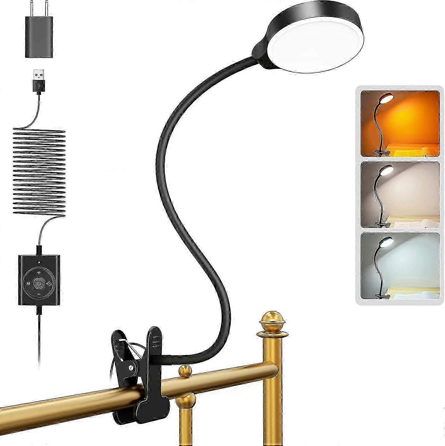 Ansteckbare Leselampe Für Bett/schreibtisch, 36 Leds, Usb-anschluss, Augenschonendes, Weiches Licht, 3 Farben Und 5 Helligkeitsstufen, Verstellbarer Schwanenhalsclip