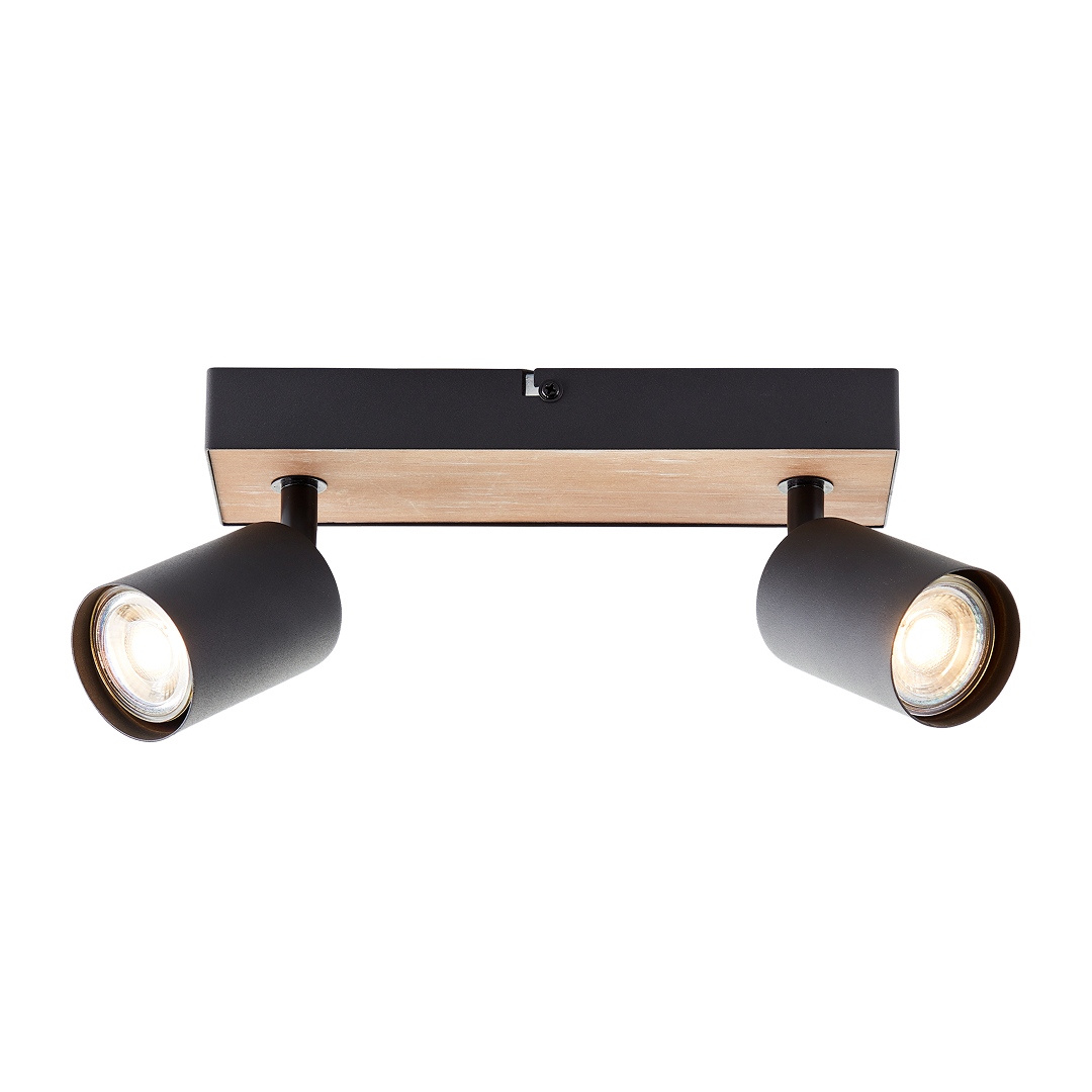 Jello Wood Led Spotbalken 2-flammig – Schwenkbare Deckenleuchte In Schwarz/holz, Inklusive Warmweißer Led-leuchtmittel, Gu10, Fsc®-zertifiziert, Dimmbar, 345 Lumen, 3000k - Brilliant