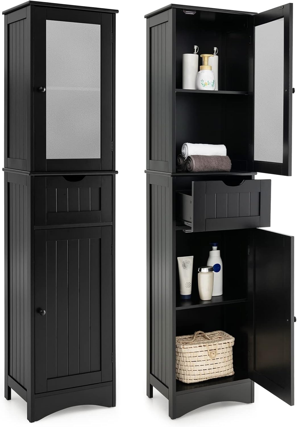 Costway 170cm Hochschrank Bad, Badschrank Mit Schublade, Badezimmerschrank Mit Verstellbaren Ablagen & Milchglastür, Badhochschrank Schmal, Aus Holz, Modern (schwarz)