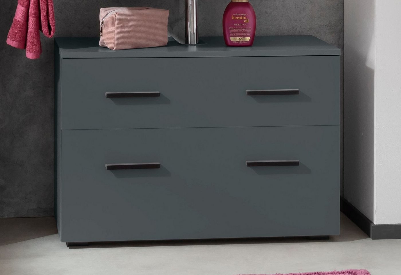 welltime Waschbeckenunterschrank Skara mit Klappe und Schubkasten, schwarze Griffe, Breite 80 cm, Höhe 55 cm Bild 4
