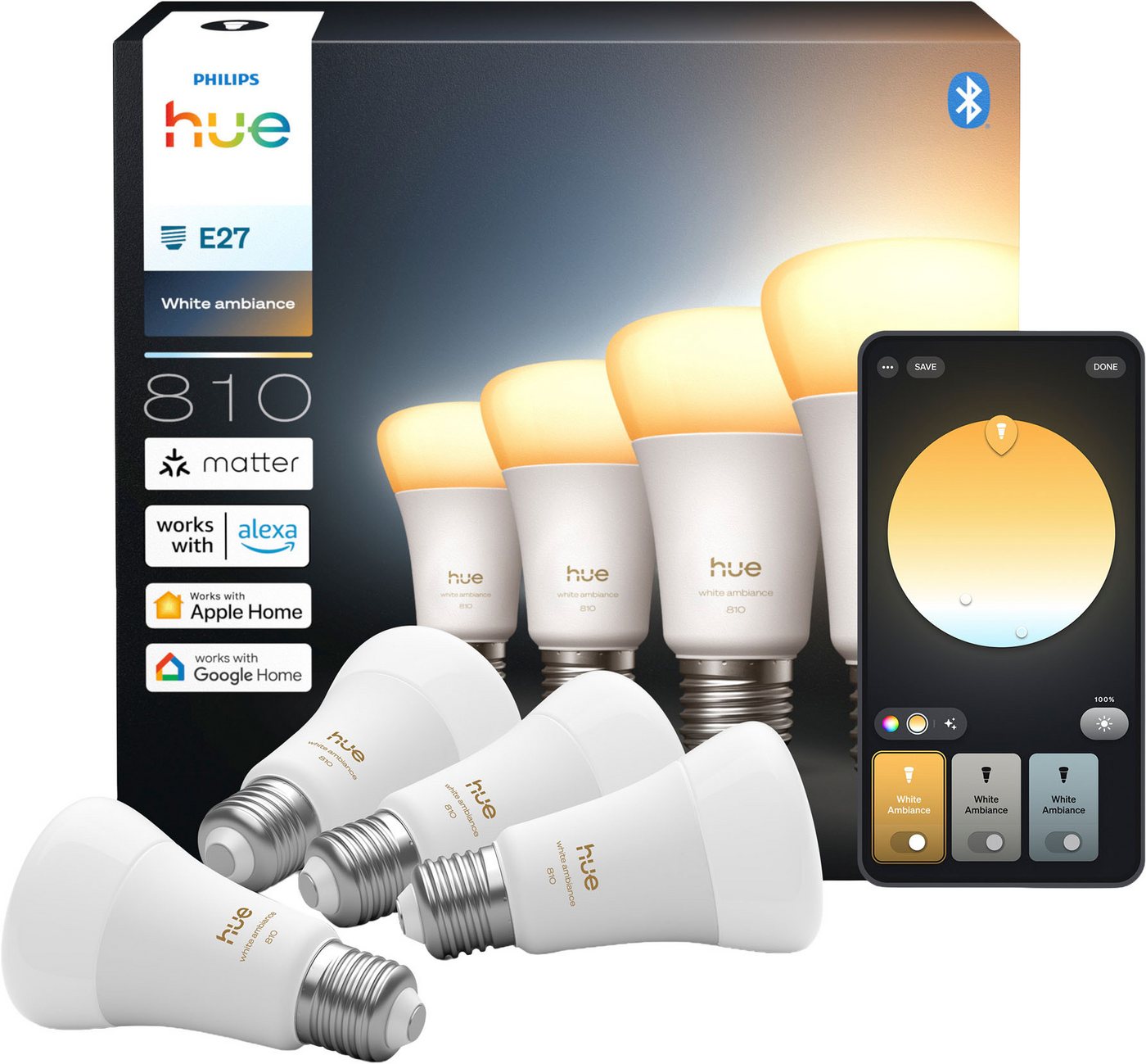 Philips Hue LED-Leuchtmittel White Ambiance 810lm smarte Lampe, E27, 4 St., Farbwechsler, Vollspektrumlicht 1000K-20000K Bild 3