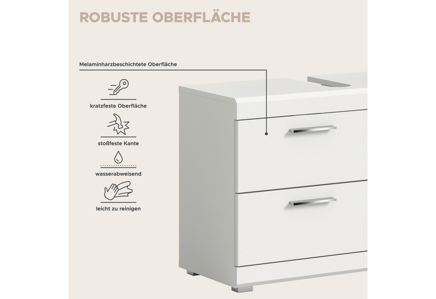 welltime Waschbeckenunterschrank SIENA, Breite 80cm, 1 Tür, 1 Schubkasten, 1 Klappe, 2 Fächer,MDF-Front (TOPSELLER!, mit Siphonausschnitt 10x25 cm) WBU, Badmöbel, Badschrank, Kommode, Unterschrank, Bad, Badezimmer