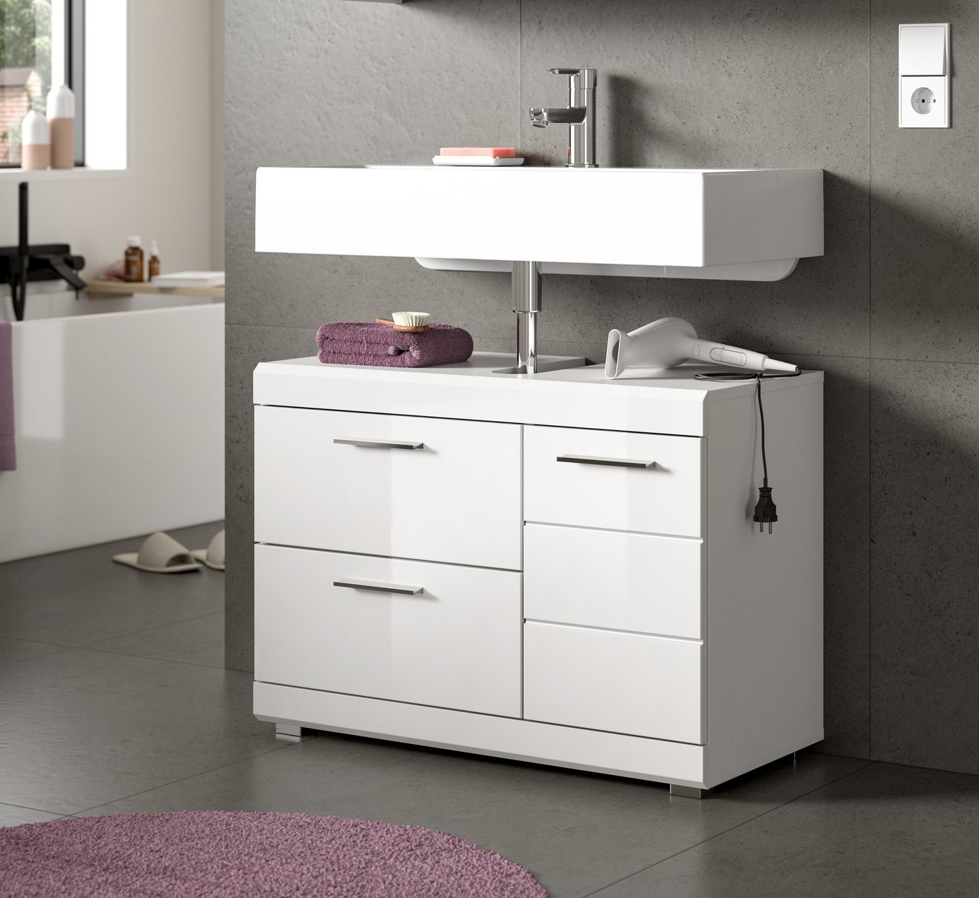 welltime Waschbeckenunterschrank SIENA, Breite 80cm, 1 Tür, 1 Schubkasten, 1 Klappe, 2 Fächer,MDF-Front (TOPSELLER!, mit Siphonausschnitt 10x25 cm) WBU, Badmöbel, Badschrank, Kommode, Unterschrank, Bad, Badezimmer Bild 2